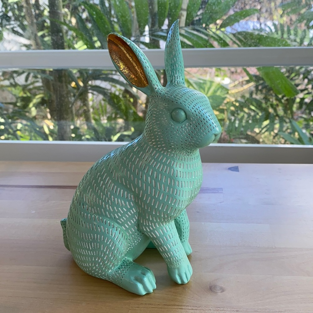 Rabbit figurine. Mint & gold. Displayed.